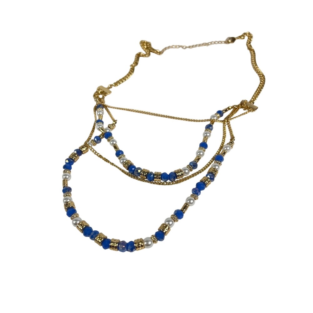 Layered Beaded Hoop Earrings Necklace Set Gold Blue Pearl Boho Chic